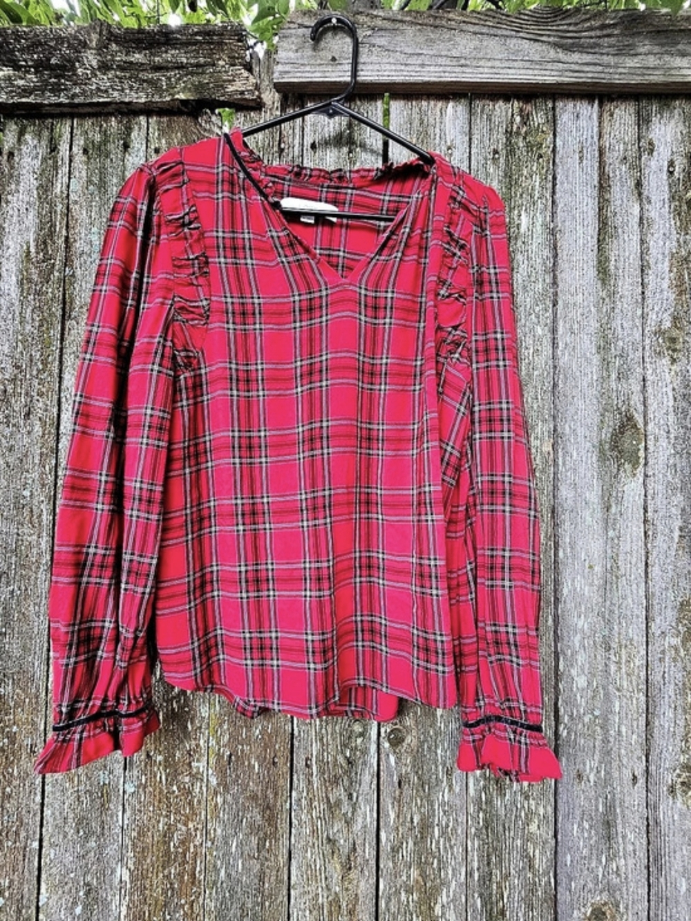 LOFT Red Plaid Ruffle Neck Long Sleeve Velvet Trim Holiday Blouse Red & Black